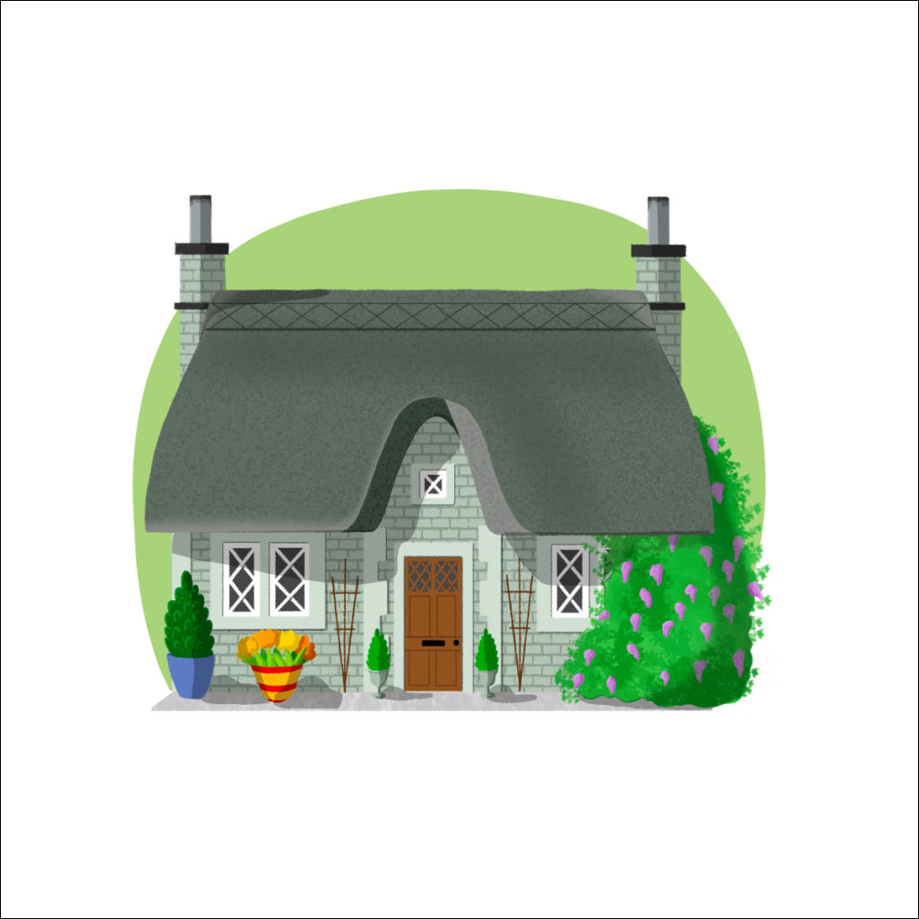 A modern take on a traditional thatched roof cottage. The body of the house is grey brick. There are white latticed windows and two grey brick chimneys on either end of the cottage. A large lilac bush covers the right-hand corner of the cottage. There are potted plants sitting in front of the cottage on a narrow sidewalk.