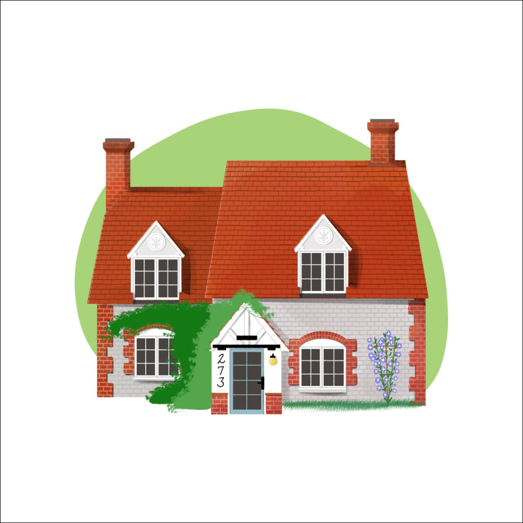 A grey bricked cottage with reddish brown tiled roof and two red brick chimneys. There are two gabled dormers. Bushes cover part of the building. The entrance is painted white and the door is a blue grey with eight large panes of glass. Purple morning glories grow on a trellis up the front of the building. The number 273 is on the front of the cottage.