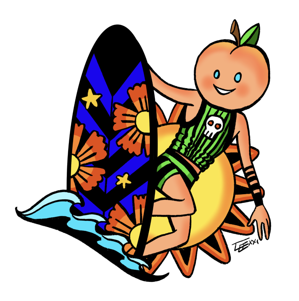 A peach headed person wearing green and black striped tank top and shorts is surfing on a surfboard. The surfboard is dark blue and black with orange flowers. There is a large yellow and orange sun in the background and a stylized wave in the foreground.