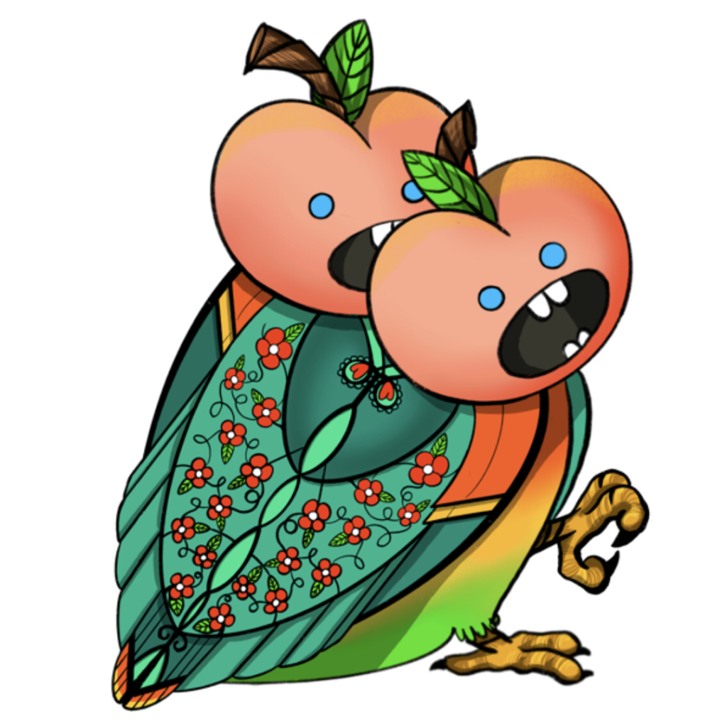 A two-headed green bird covered in folk art of flowers and swoops. Each of the heads is a peach with a face. Each of the peach mouths has four teeth, two top and two bottom.
