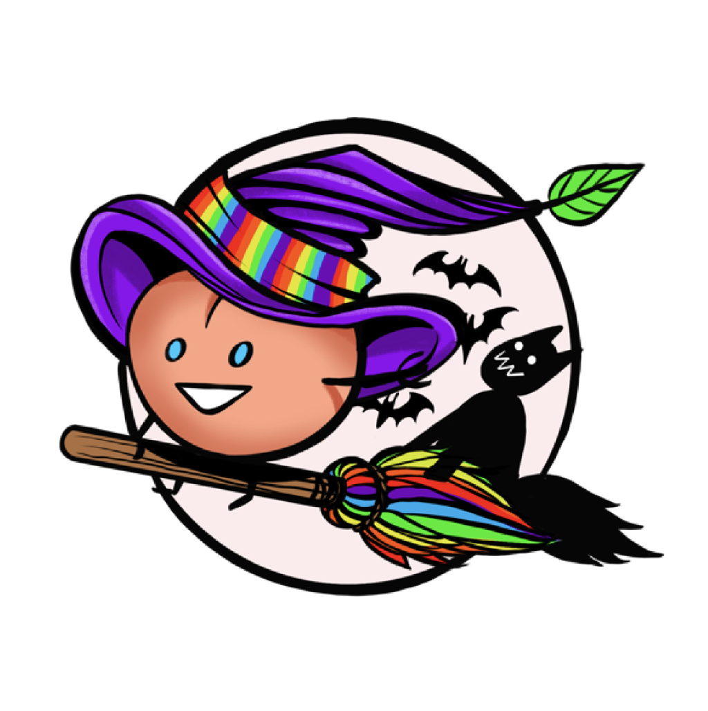 A peach goblin wearing a witch's hat rides on a broomstick with rainbow coloured bristles. A black cat rides on the bristles. A full moon is in the background.