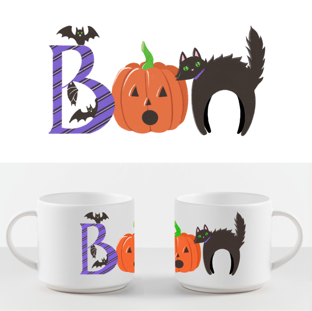 A white coffee cup with the word BOO on it. The letters are all pictures. The B is a purple letter B with bats decorating it. The first O is a jack-o-lantern looking surprised. The second O is a black cat with an arched back.