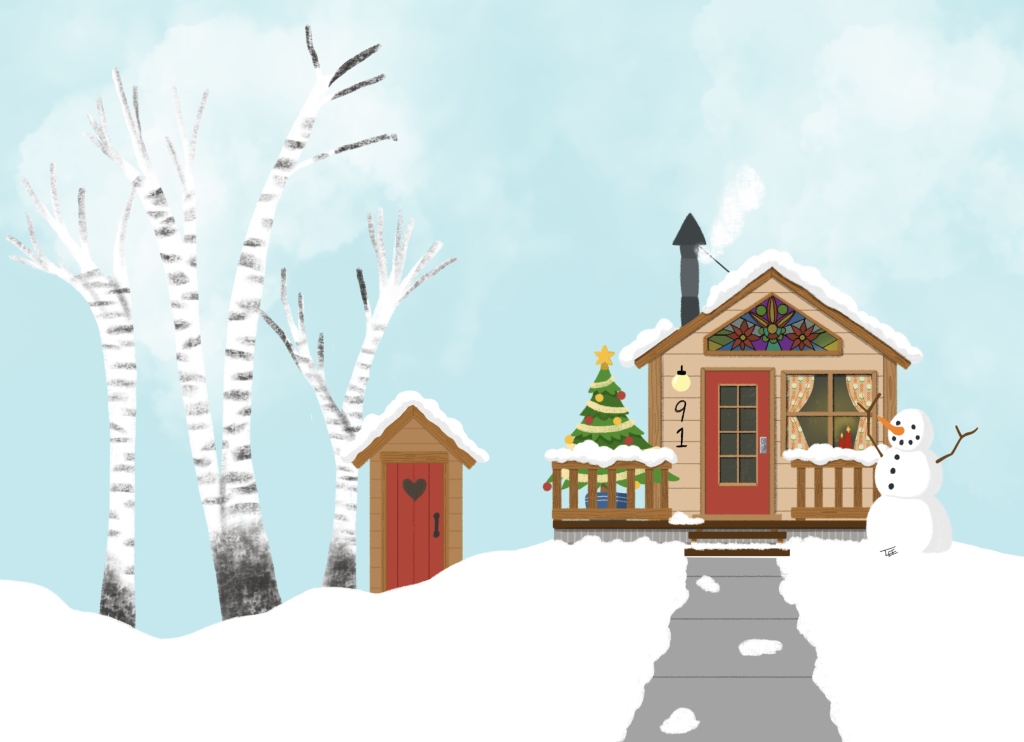 A small festive cabin in the snow. There are bare birch trees and a quaint outhouse in the background. There is a snowman in the foreground.