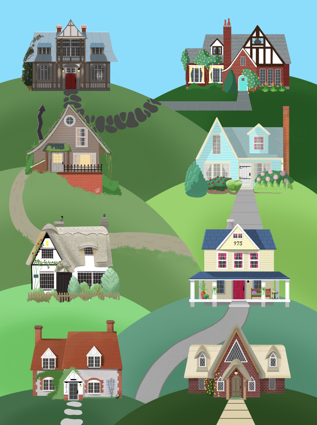 Eight cottages on individual green hills. Each cottage's design is different from the others. There are paths of different materials leading from the front door of every cabin but one.