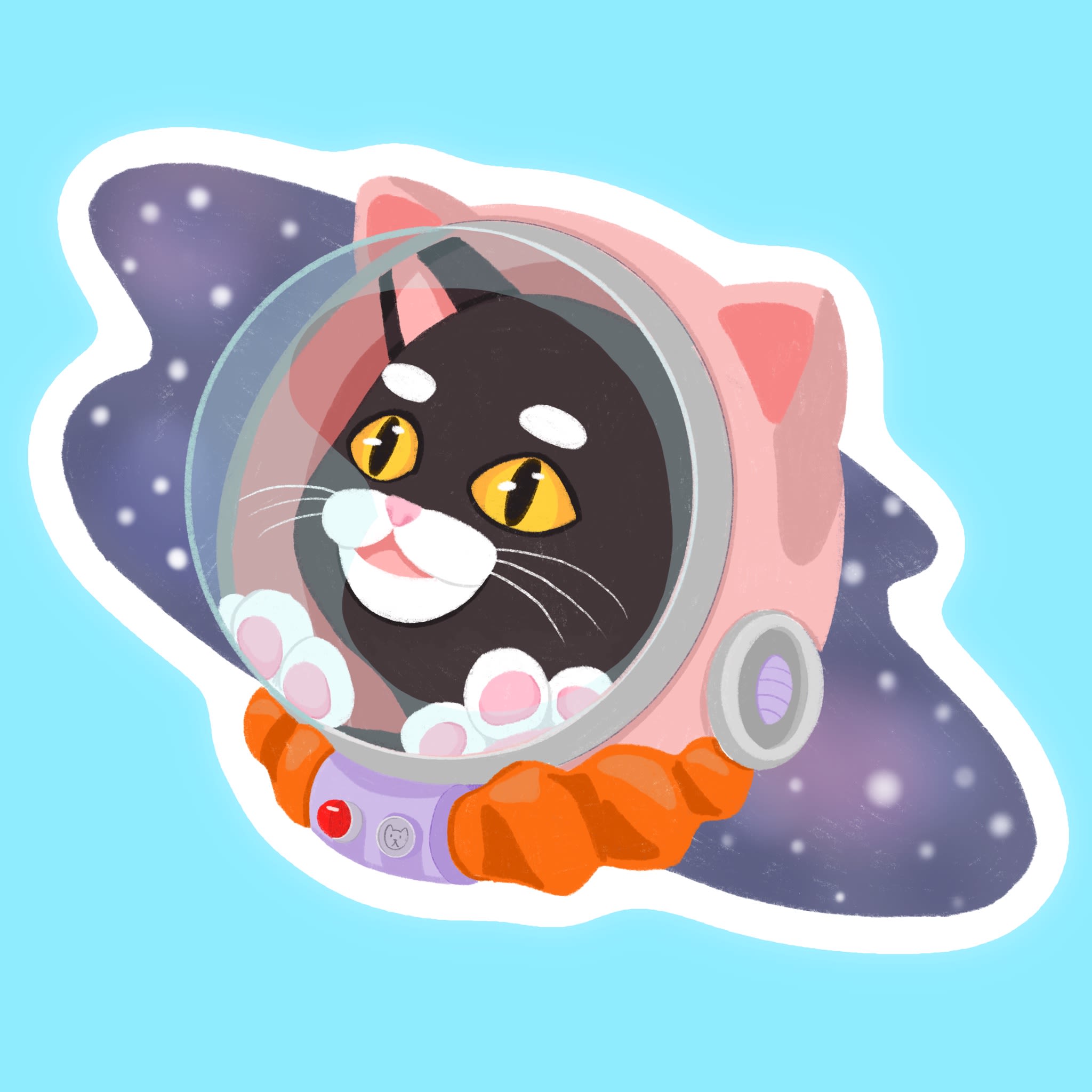 A bust of a black and white cat wearing a pink astronaut suit. The astronaut suit has little cat ears.