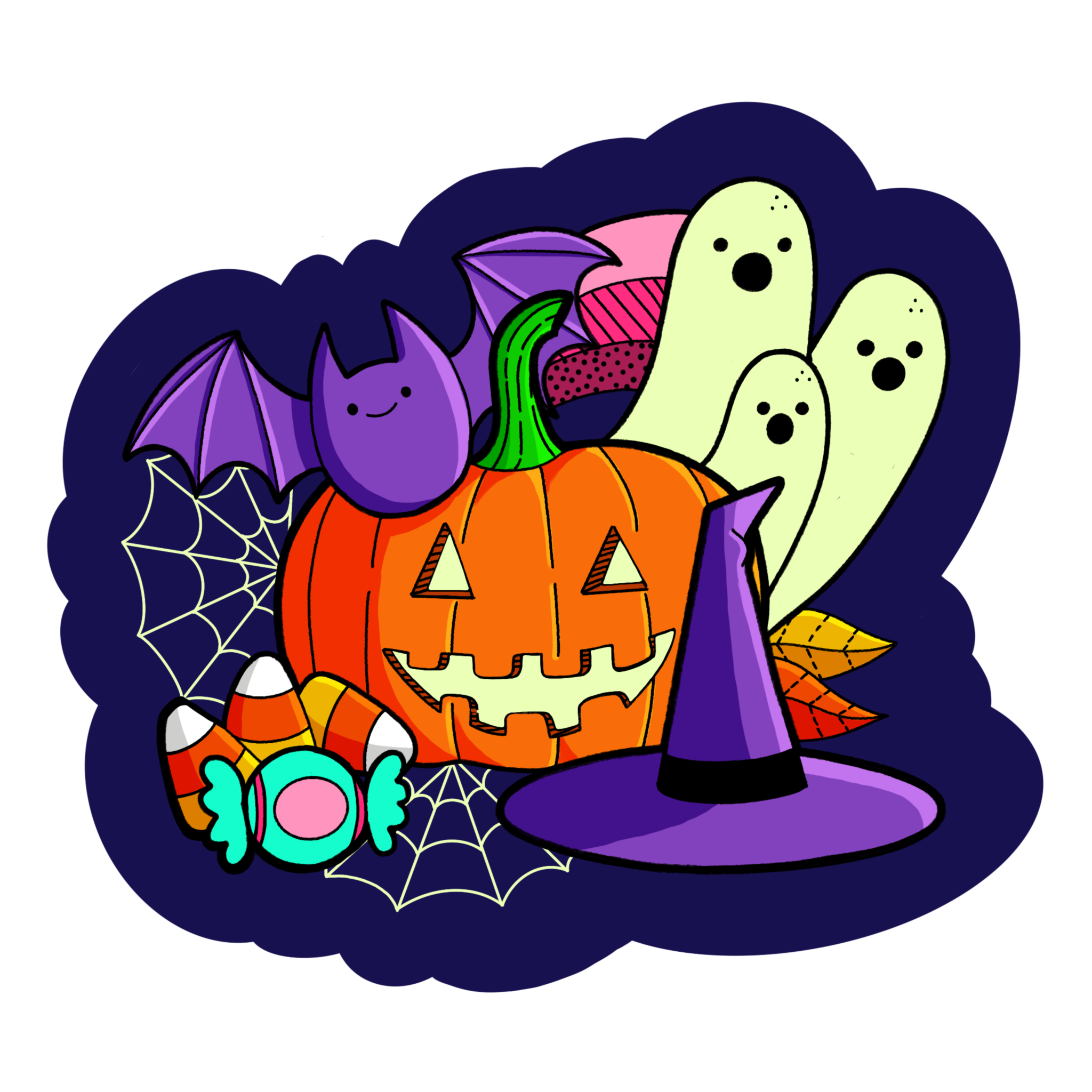 A glow-in-the-dark Halloween-themed sticker design. It has a jack-o-lantern, ghosts, a bat, and spider webs. The ghosts, spiderwebs, and the jack-o-lantern's mouth and eyes are all glow-in-the-dark.