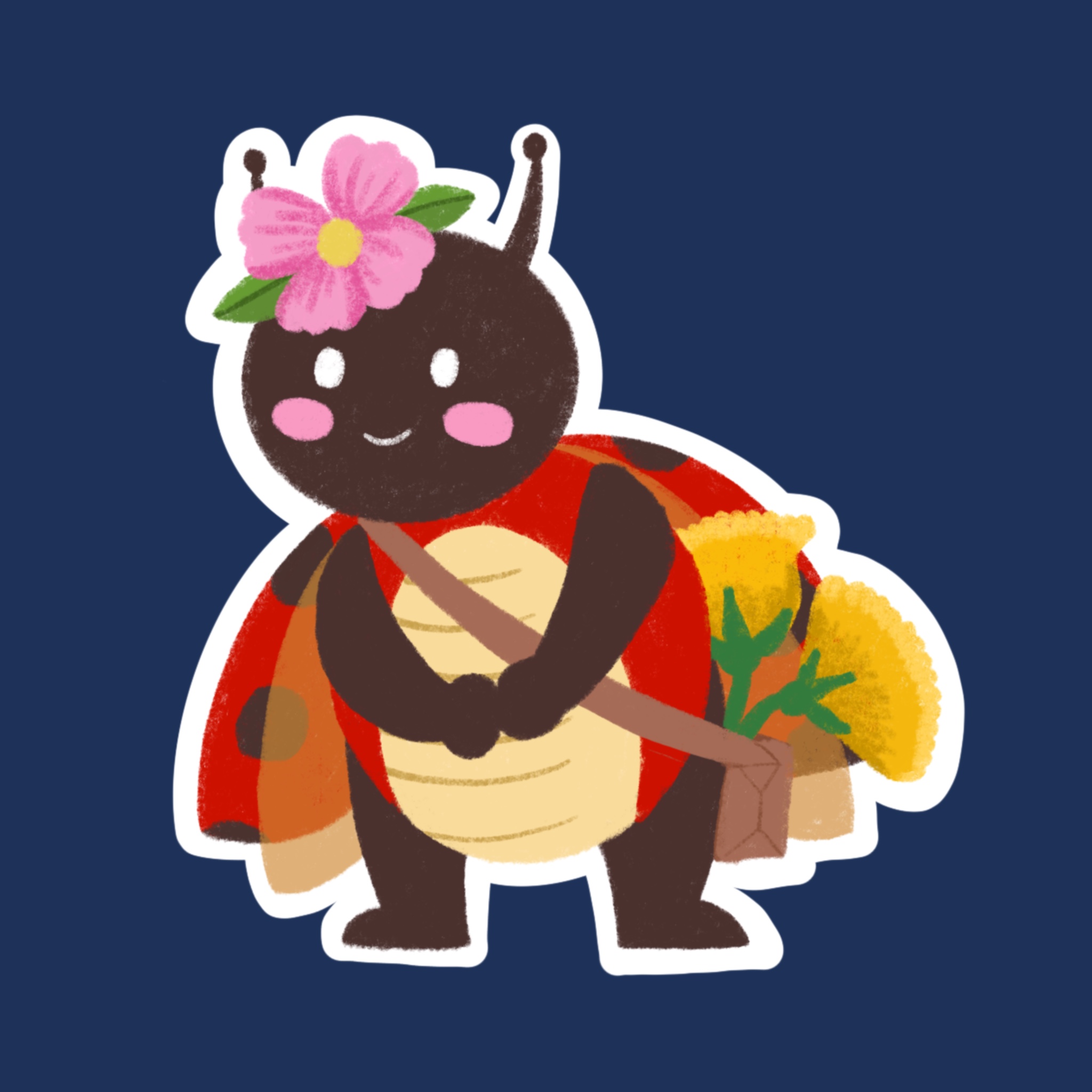 A ladybug with a pink flower on her head. She has a messenger bag slung across her torso and it has two big dandelions hanging out of it.