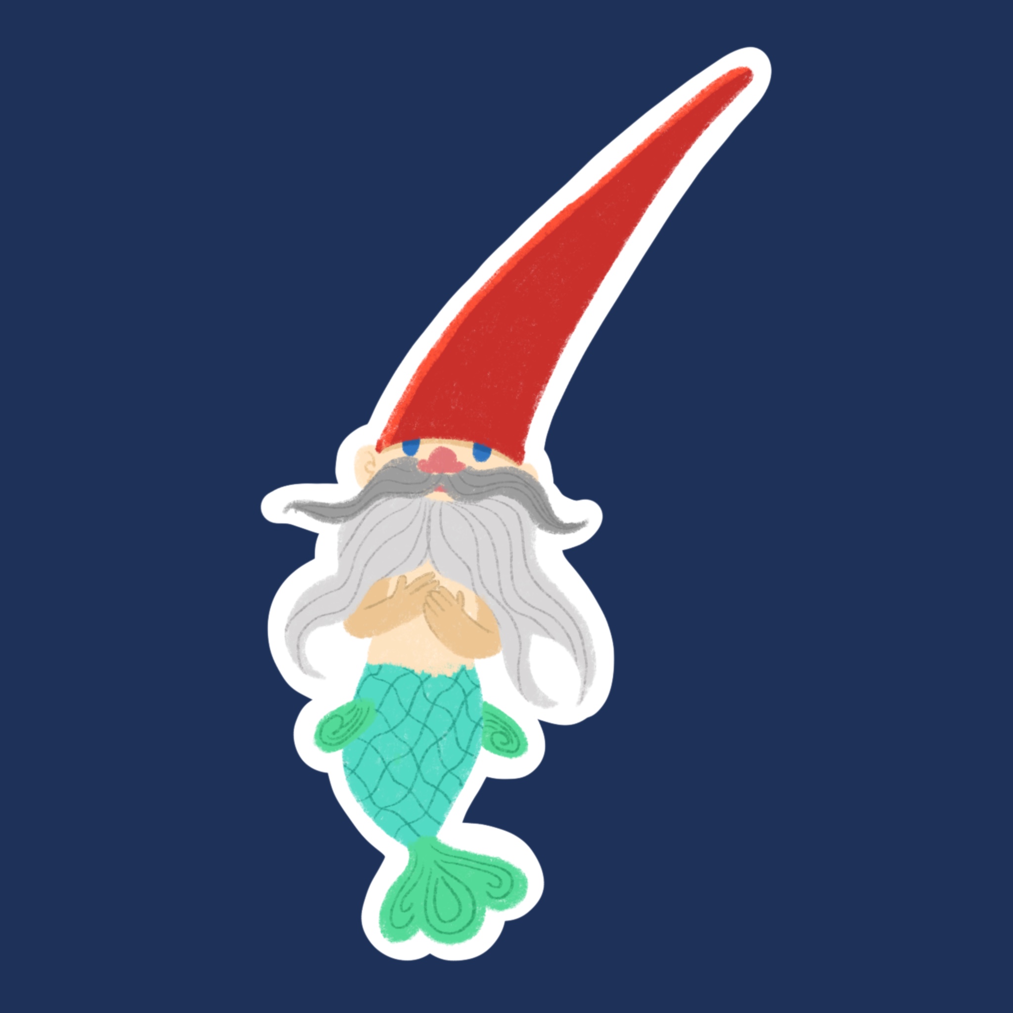 A wee mer-gnome! His top half is a bearded gnome with a tall, thin red hat. He is not wearing a shirt. His bottom half is a stylized green fish tail.