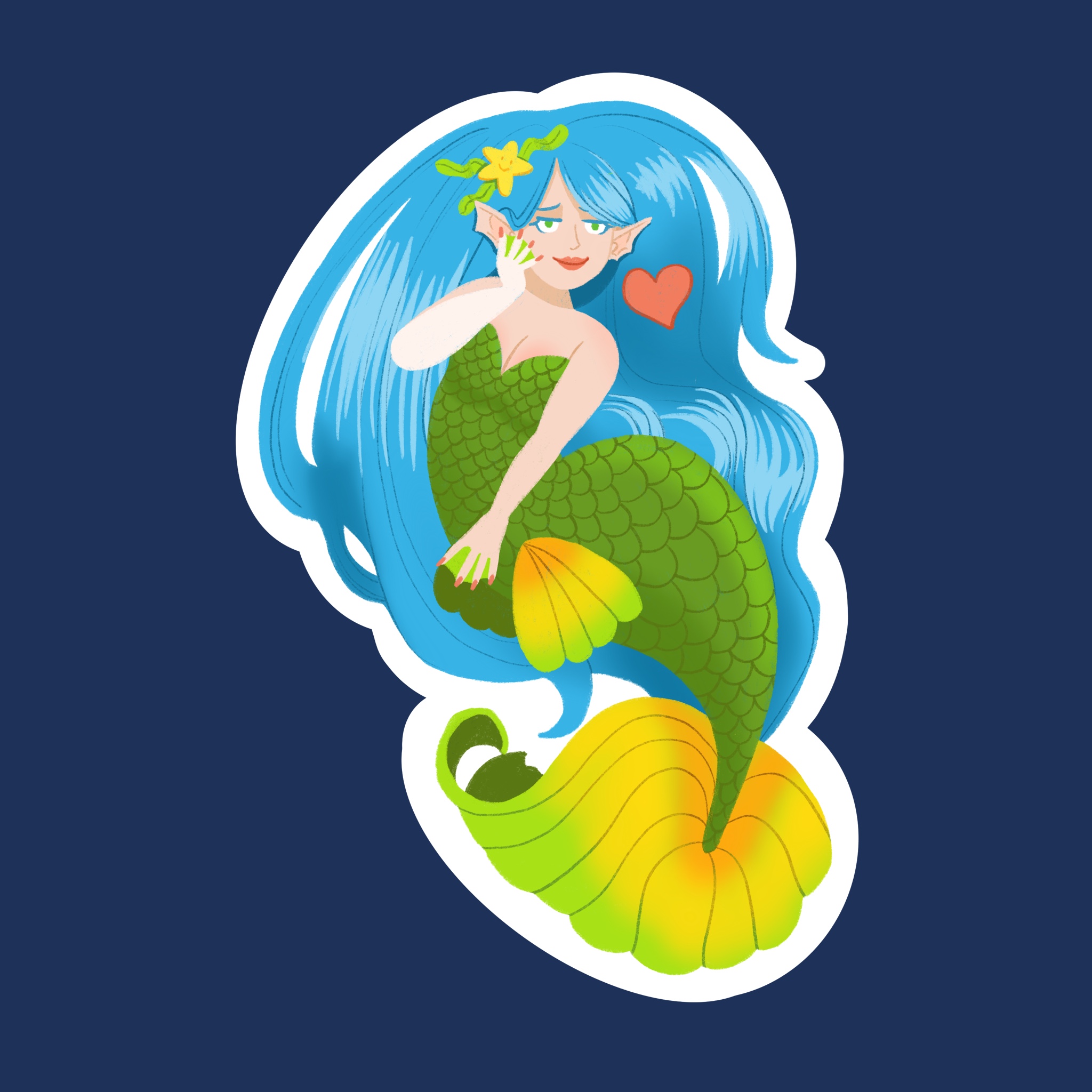 A stylized mermaid in love. She has long blue hair with a yellow starfish and seaweed decoration. Her scales cover up to her chest with a sweetheart neckline. Her scales are gren. Her fins are green and yellow ombre darking to orange. She has a pink heart floating beside her face and she has one hand to her face as if she is staring dreamily at someone.