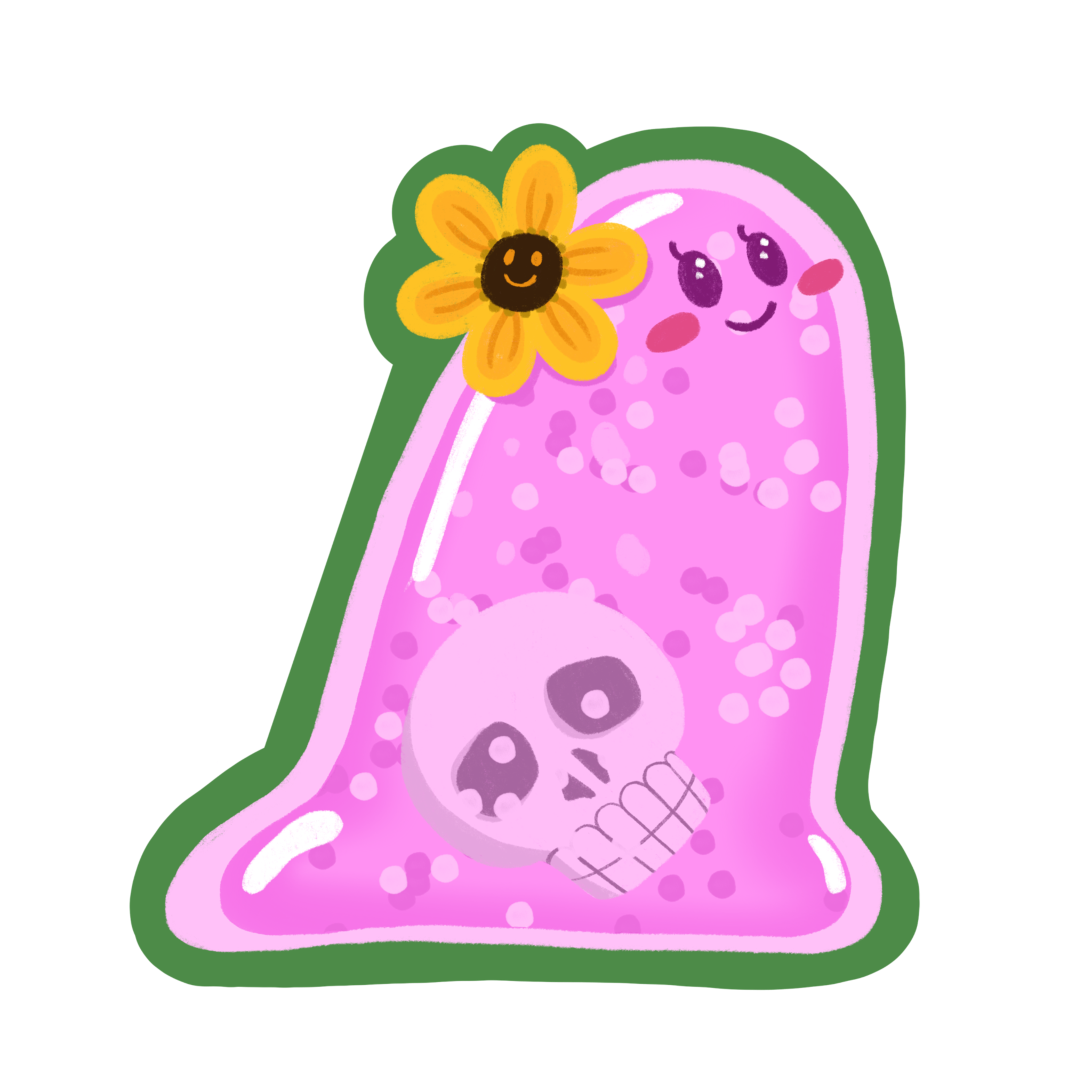A tall, pink, semi-transparent slime with a yellow daisy on its head. Inside of the cute slime is a human skull.