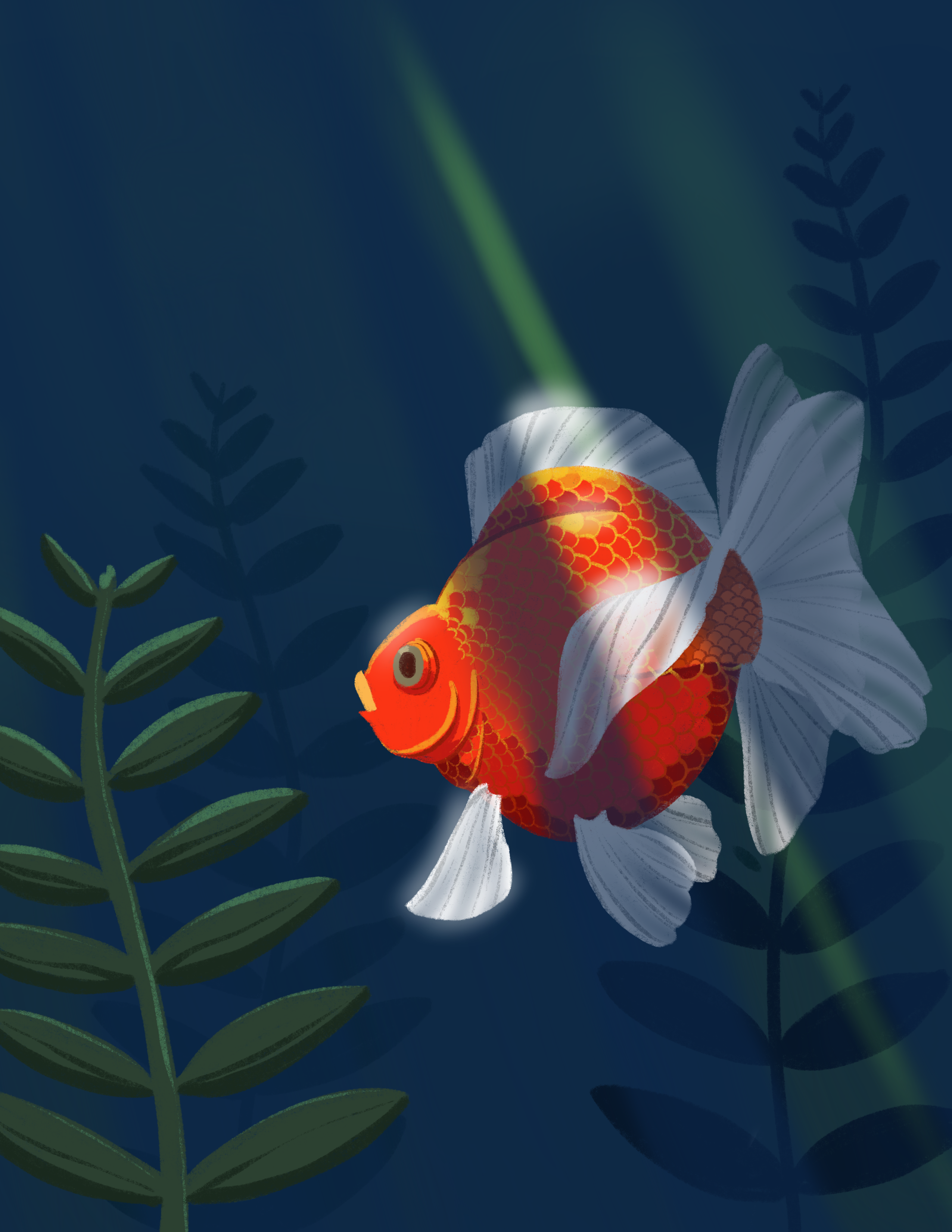 A goldfish deep underwater with various stylized plants. Sunlight streams into the water in rays, illuminating parts of the goldfish making it glow.