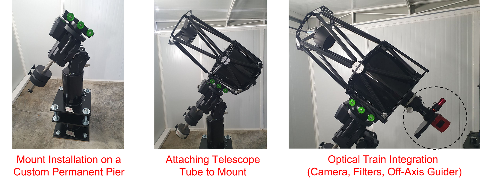 Building my remote observatory: mounting on a custom permanent pier, attaching the telescope tube, and integrating the optical train (camera, filters, and off-axis guider).