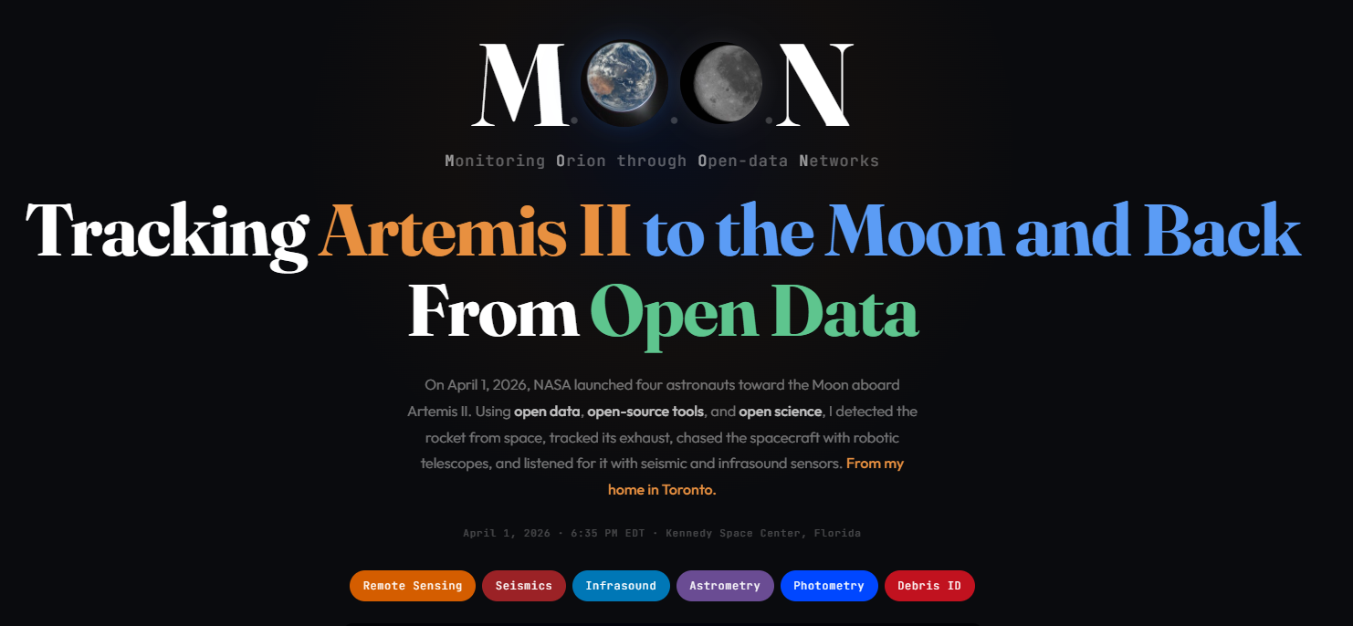MonitorMyMoon.com cover - tracking Artemis II from launch pad to splashdown using open science