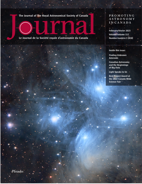 My paper "Finding Unknown Asteroids" on the cover of the Journal of the Royal Astronomical Society of Canada, February 2023.