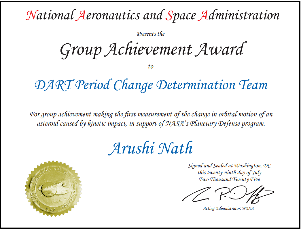 NASA Group Achievement Award certificate (framed) - DART mission team, to which I contributed calibrated photometry