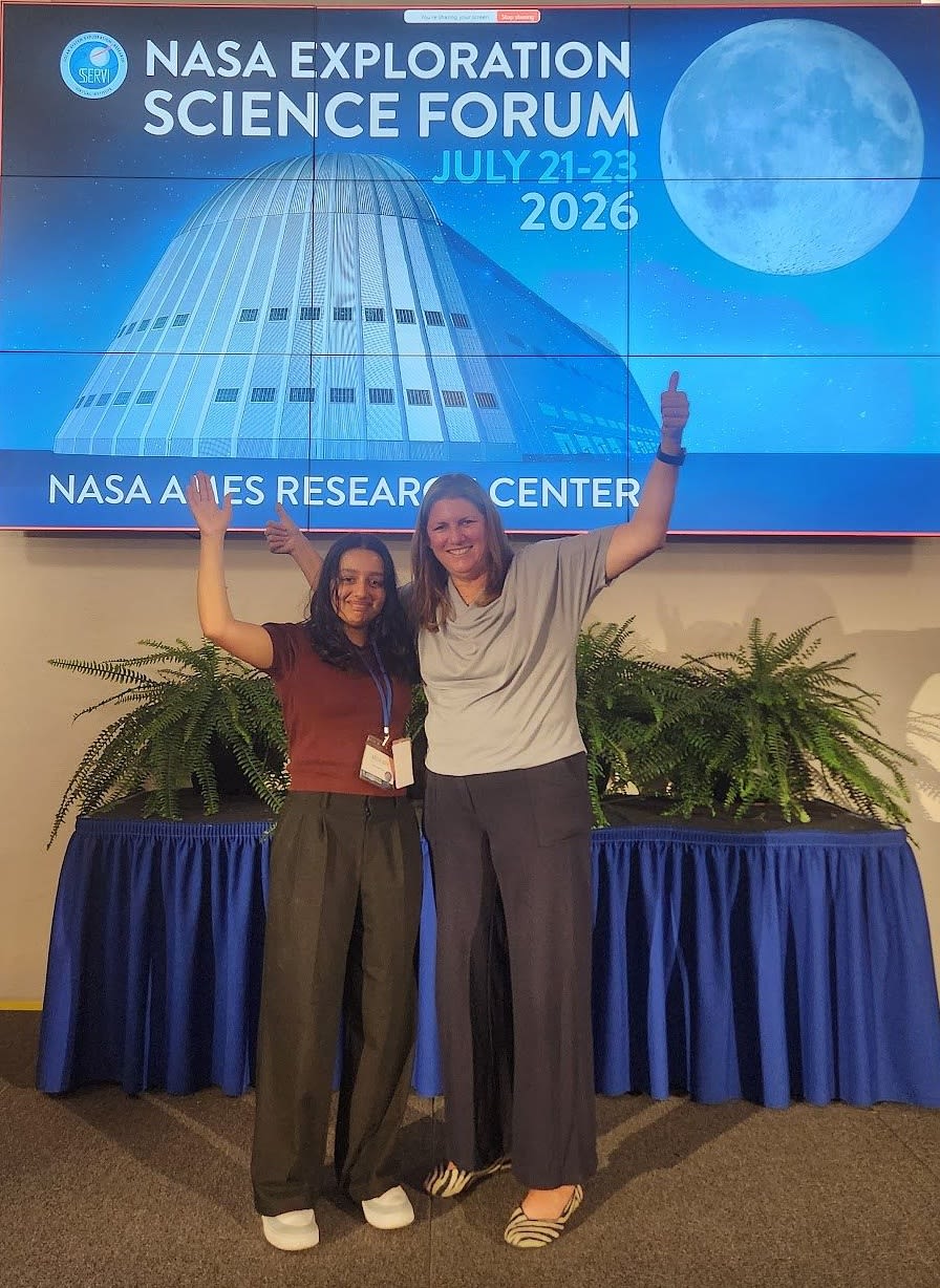 Celebrating third place in the student oral presentation competition with SSERVI Deputy Director Kristina Gibbs at the NASA Exploration Science Forum.