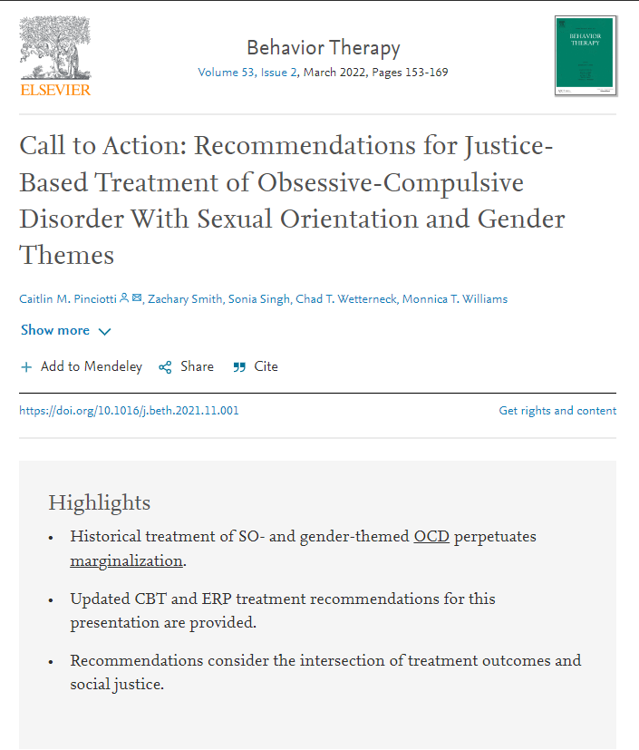 Call to Action: Recommendations for Justice-Based Treatment of OCD with Sexual Orientation and Gender Themes