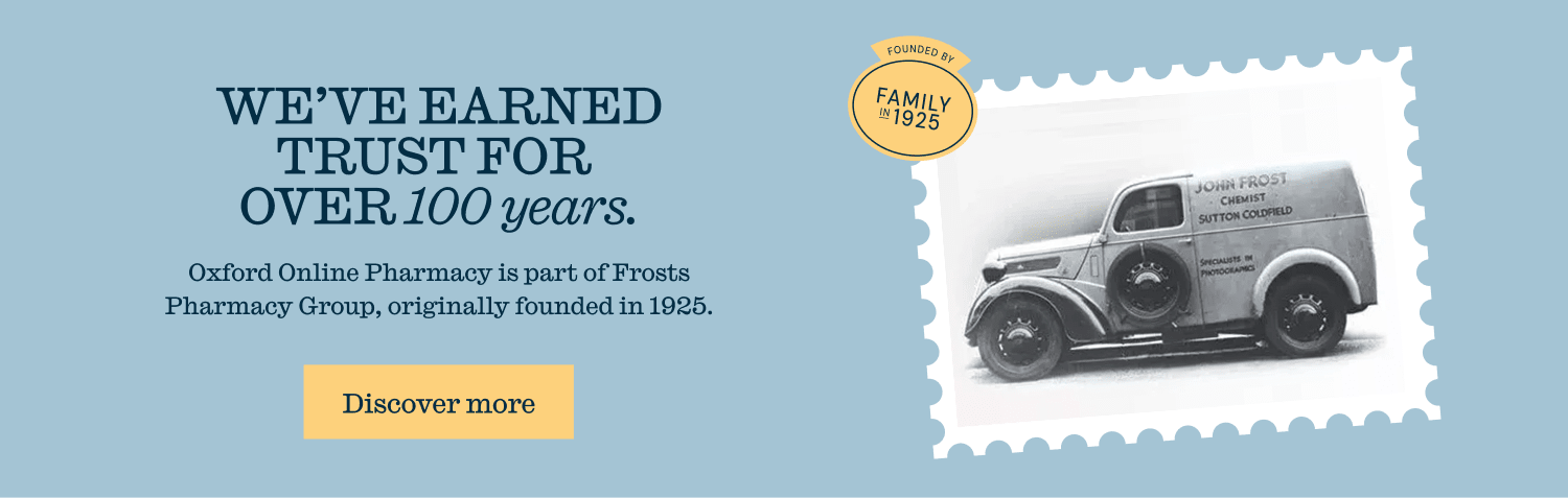 A banner image outlining our heritage. Founded in 1925. Shows a stamp-like image containing an original Frost's Pharmacy van
