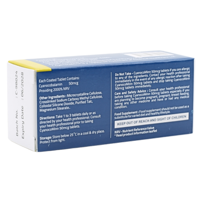 Rear view of Cyanocobalamin 50mcg (B12) 50 tablets