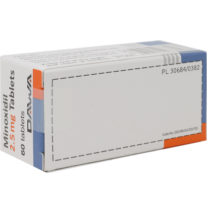 Rear view of Minoxidil 2.5mg 120 tablets for hair loss