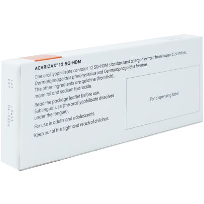Rear view of Acarizax 12SQ-HDM tablets 30 for house dust mite allergen 