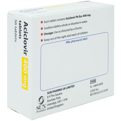 Rear view of Aciclovir 400mg 56 tablets (prevention)