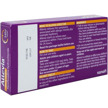 Rear view of Allevia Fexofenadine 120mg tablets 15 pack hayfever relief
