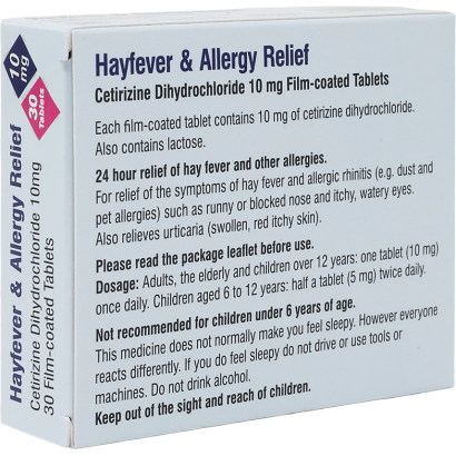 Rear view of Cetirizine 10mg 30 Antihistamine Tablets