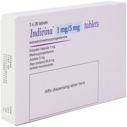 Rear view of Indivina (Estradiol Medroxyprogesterone) 84 x 1mg/5mg Tabs