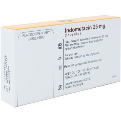 Rear view of Indometacin 25mg 28 Capsules