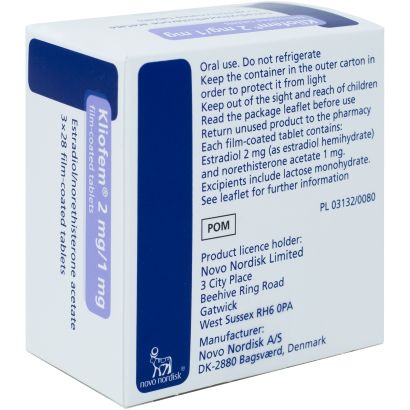 Rear view of Kliofem (Estradiol 2mg / Norethisterone 1mg) Continuous 84 Tabs