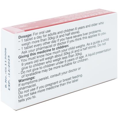 Rear view of Loratadine 10mg 30 Tablets for hayfever and allergies