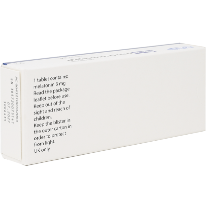 Rear view of Melatonin 3mg 30 tablets for jet lag