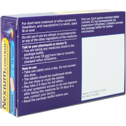 Rear view of Nexium Control 20mg Gastro-Resistant 14 Tablets
