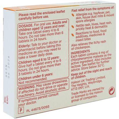 Rear view of Piriton Allergy Tablets