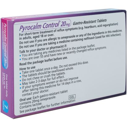 Rear view of Pyrocalm Control (omeprazole) 20mg 7 tablets 