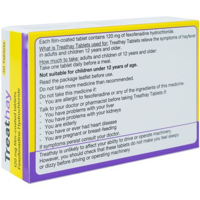 Rear view of Treathay Fexofenadine 120mg tablets for hayfever 30 pack