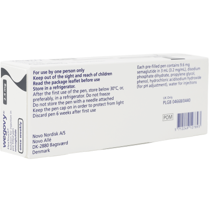 Rear view of Wegovy (semaglutide) injection 2.4mg maintenance dose 1 pen