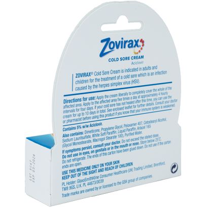 Rear view of Zovirax cold sore cream 2g tube