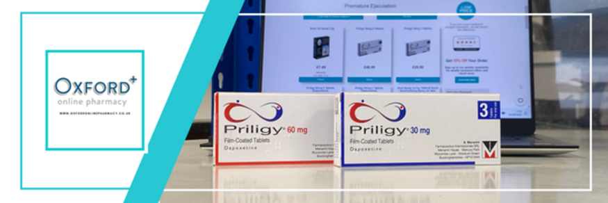 The Oxford Online Pharmacy logo is on the left third of the image, an aqua-green on a white background. The right hand two thirds show a photo of two white boxes of Priligy in front of a laptop which is slightly out of focus.
