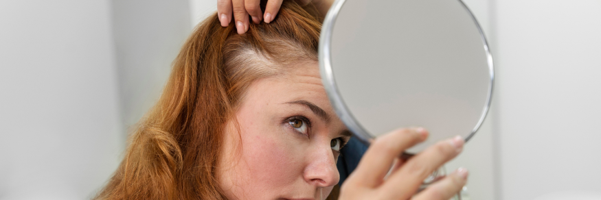 Woman looking at her hair loss in mirror