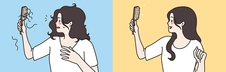sad girl looking at hair in brush and happy girl looking at no hair in brush
