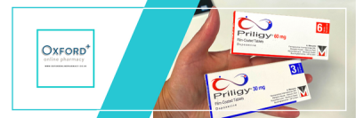 The left hand side of the image is a white background with the Oxford Online Pharmacy logo in an aqua-marine box. The right two thirds of the image show two white boxes of Priligy tablets laying on an outstretched hand, plam up.