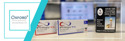 White logo in aquamarine box on white background on the left side of the image. On the right side is a photo of two white boxes of Priligy and a black box of Stud 100 Spray