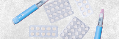 tablets and injections on grey background
