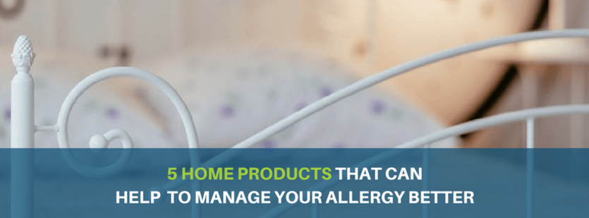 A bed frame in a sunny bedroom with a banner reading '5 home products that can help to manage your allergy better'