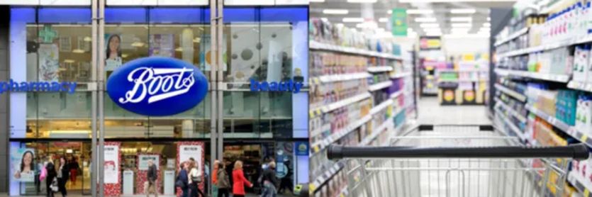 The left half of the image shows the front of a Boots pharmacy, all glass windows with a bright sign. The right half of the image is of an trolley, neatly centred in an empty supermarket aisle.