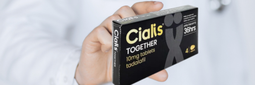 Torso of a man in white coat holding a box of Cialis Together tablets out in front of him to the camera. The box of tablets is in sharper focus.