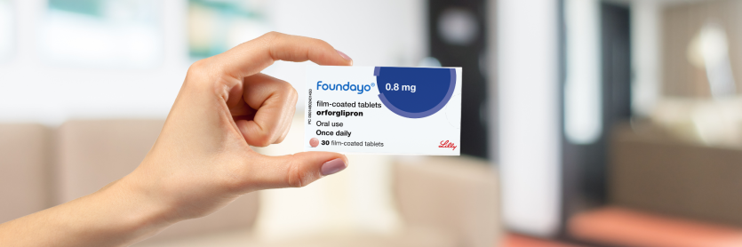 Woman holding a box of 0.8mg Foundayo pills