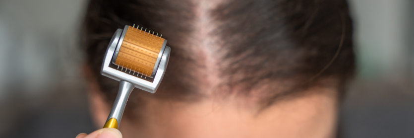 Woman using dermaroller on top of head